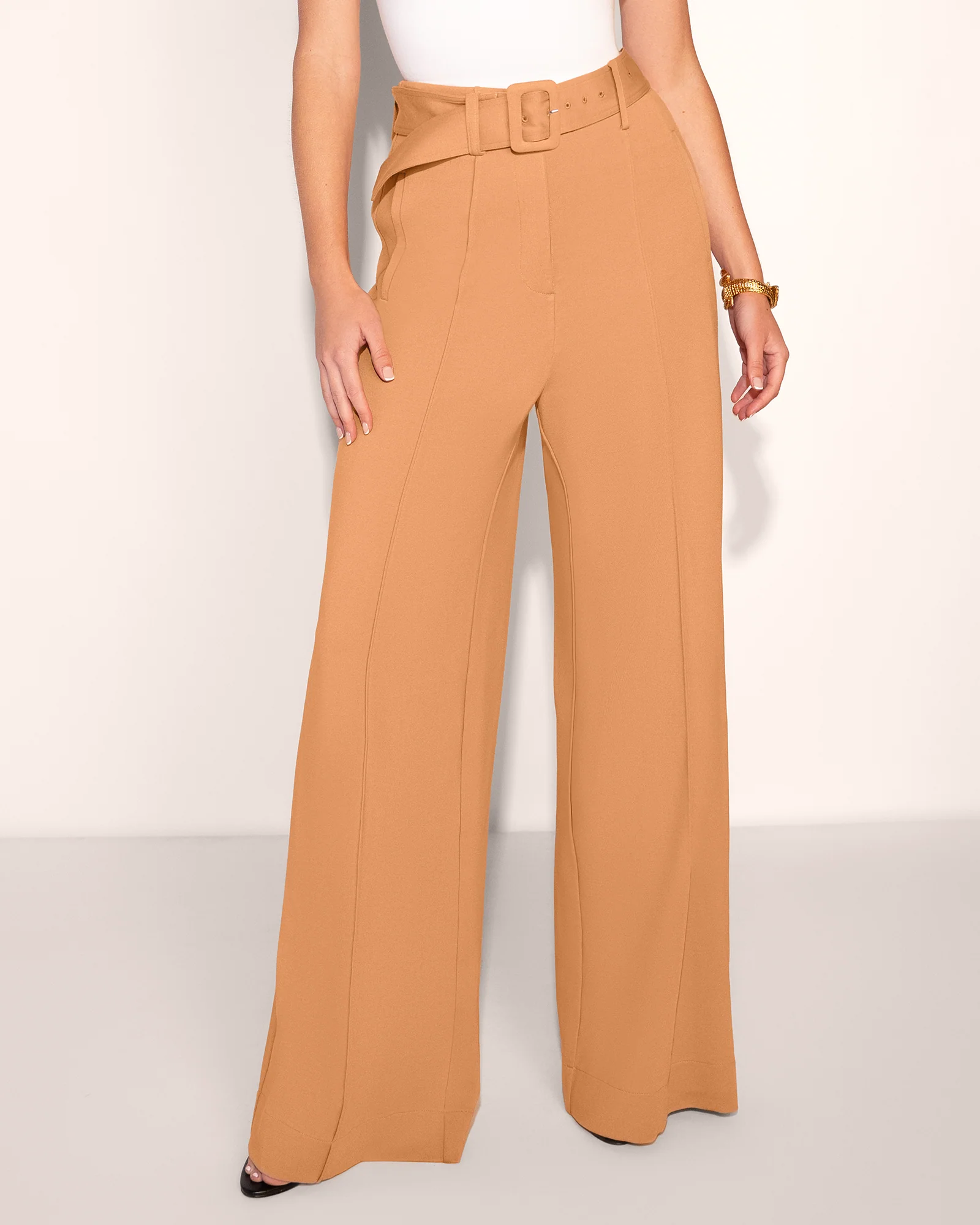 Belted Wide Leg Ponte Pant - Camel