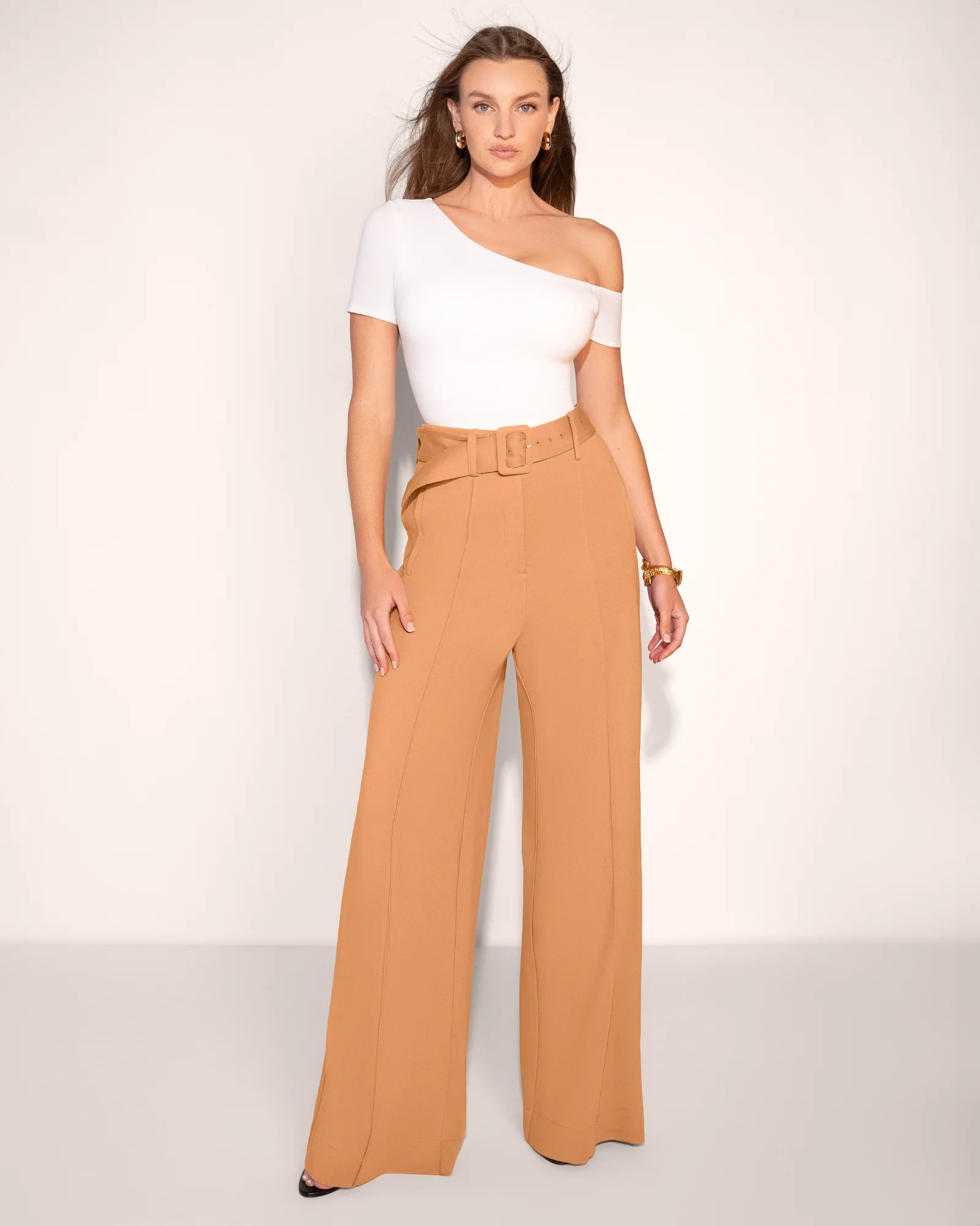Belted Wide Leg Ponte Pant - Camel - Image 3