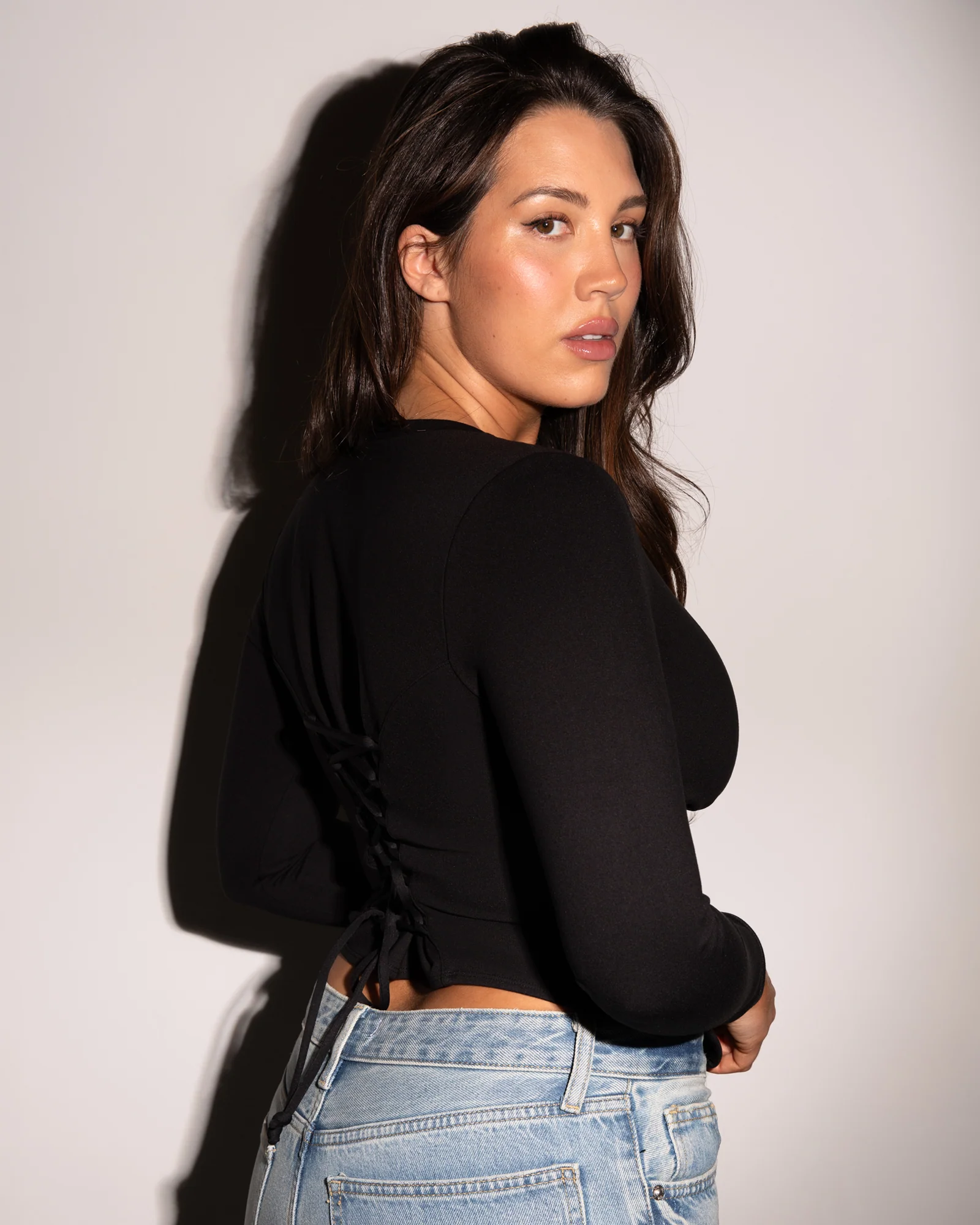 Long Sleeve Corsety Top - Black - Image 5