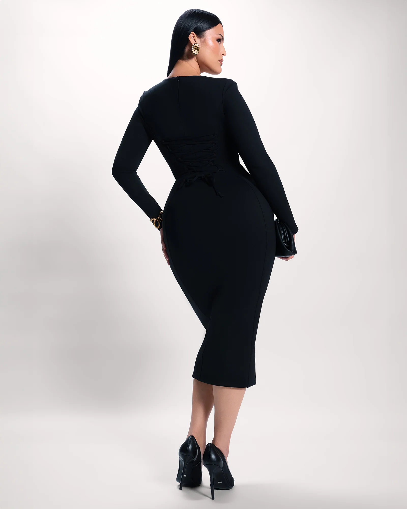 Notchy Long Sleeve Midi Dress - Black - Image 3