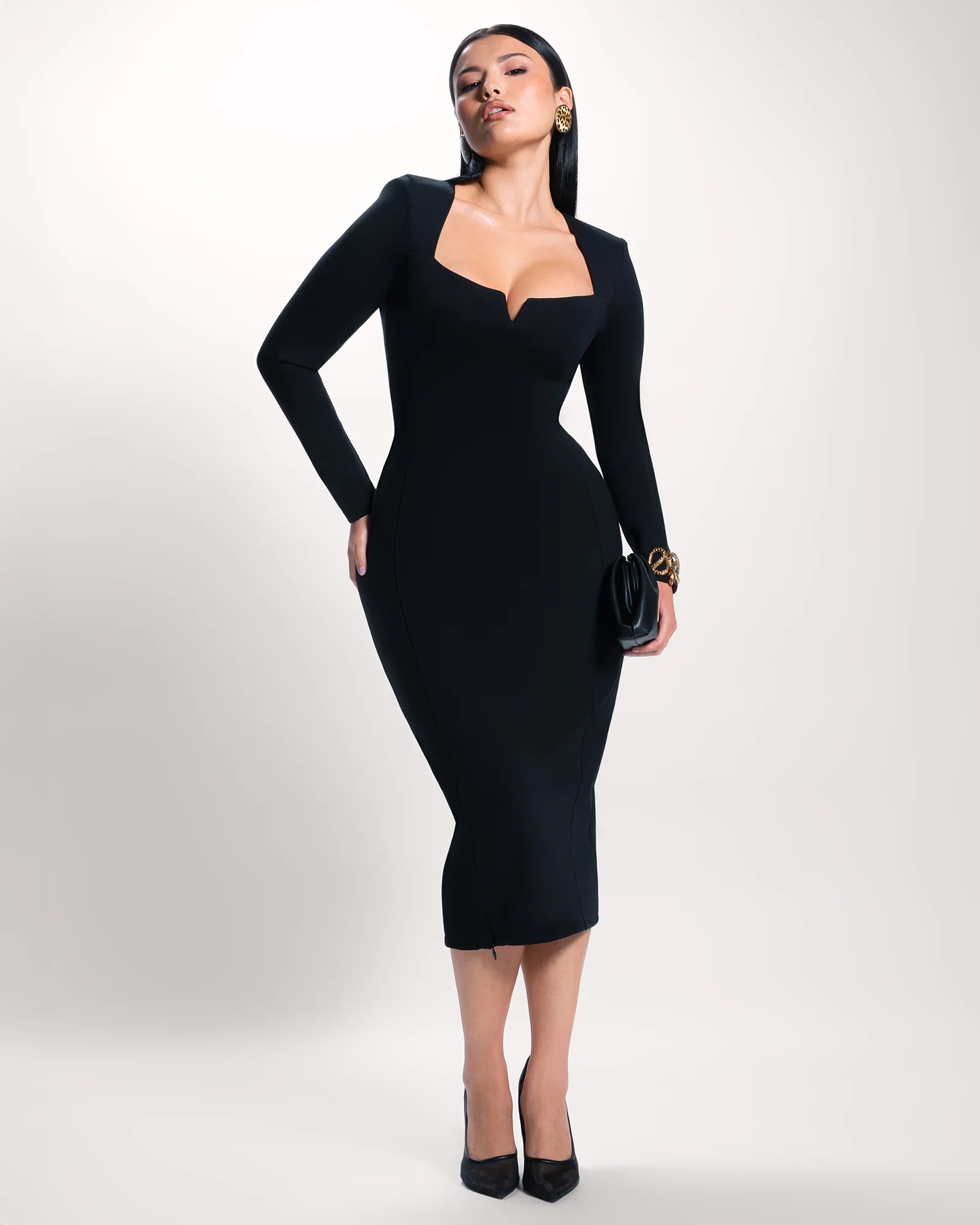 Notchy Long Sleeve Midi Dress - Black - Image 4