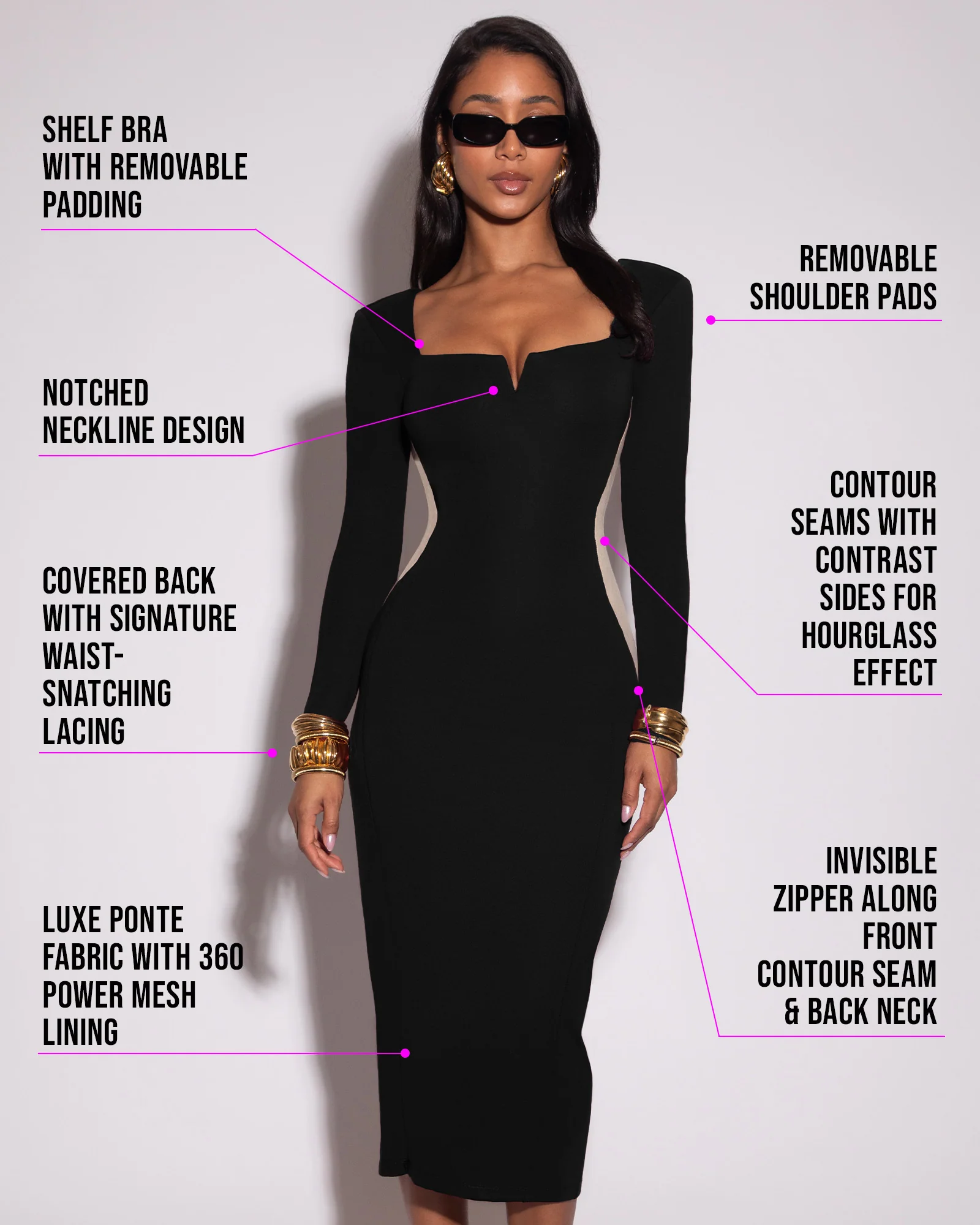 Notchy Long Sleeve Midi Dress - Contour Black/Oat - Image 3