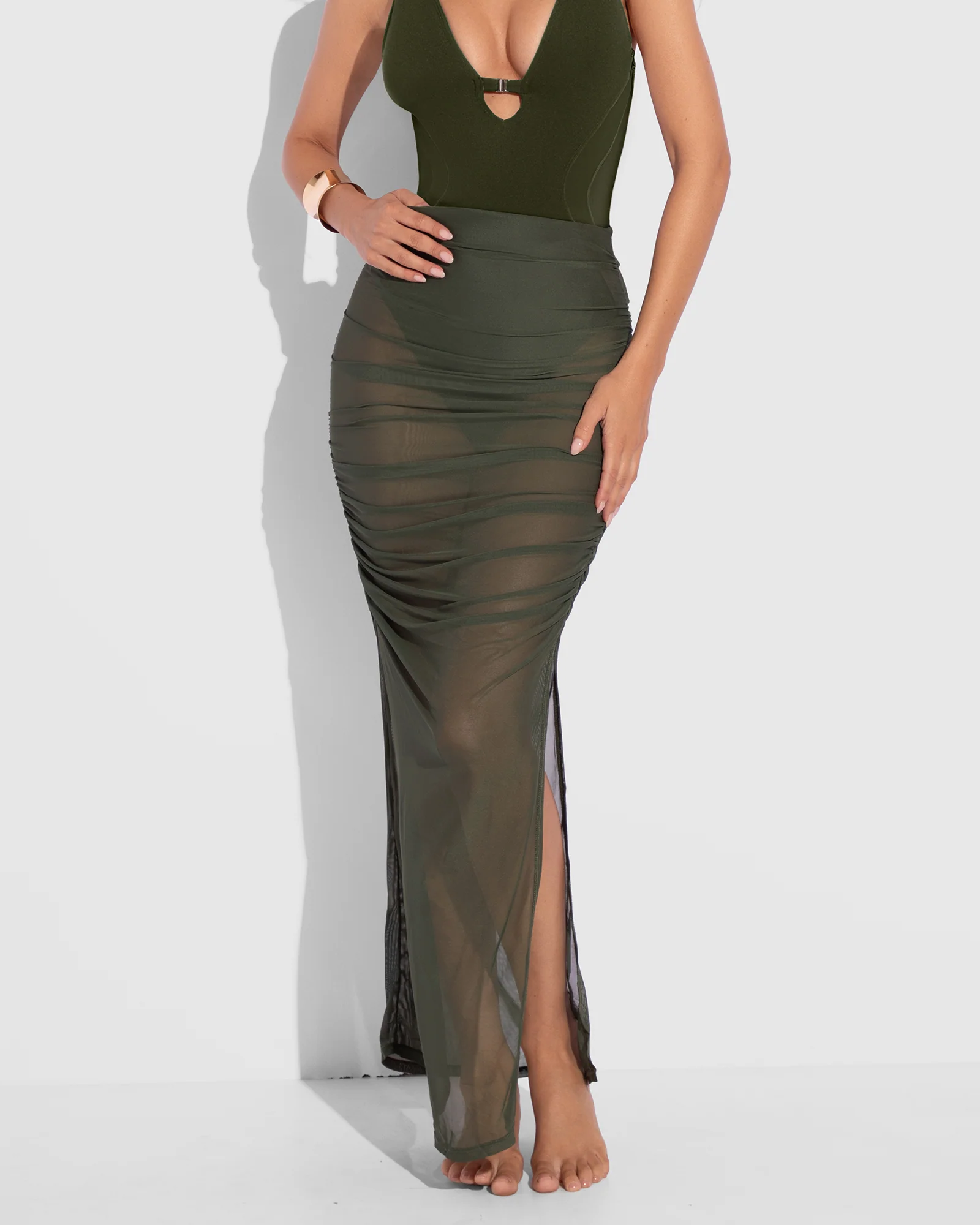 Ruched Sheer Maxi Skirty - Fern Green - Image 2