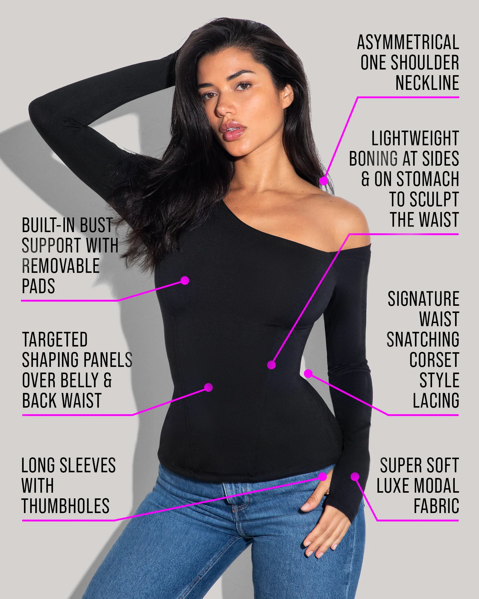 Shapey Long Sleeve One Shoulder Top - Black - Image 3
