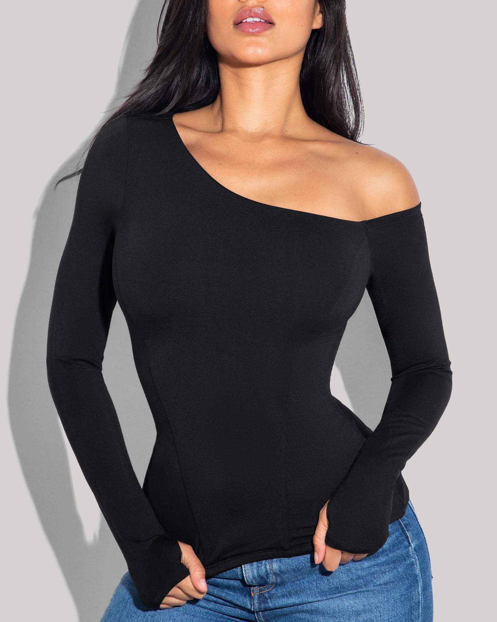 Shapey Long Sleeve One Shoulder Top - Black - Image 4