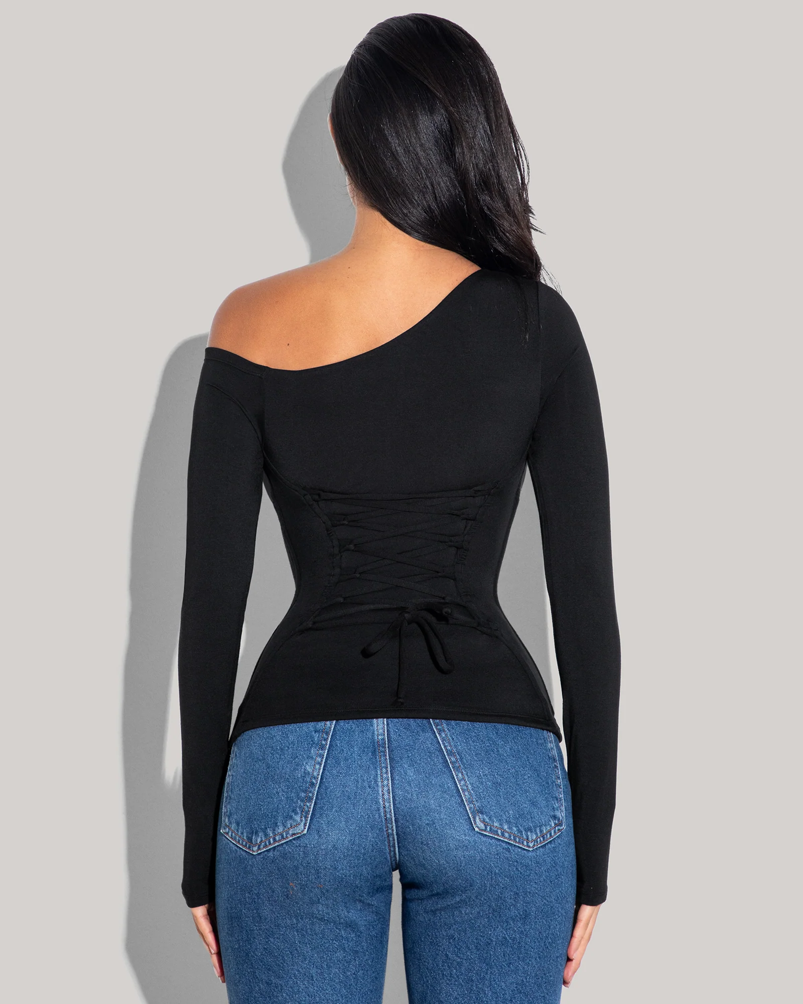 Shapey Long Sleeve One Shoulder Top - Black - Image 5