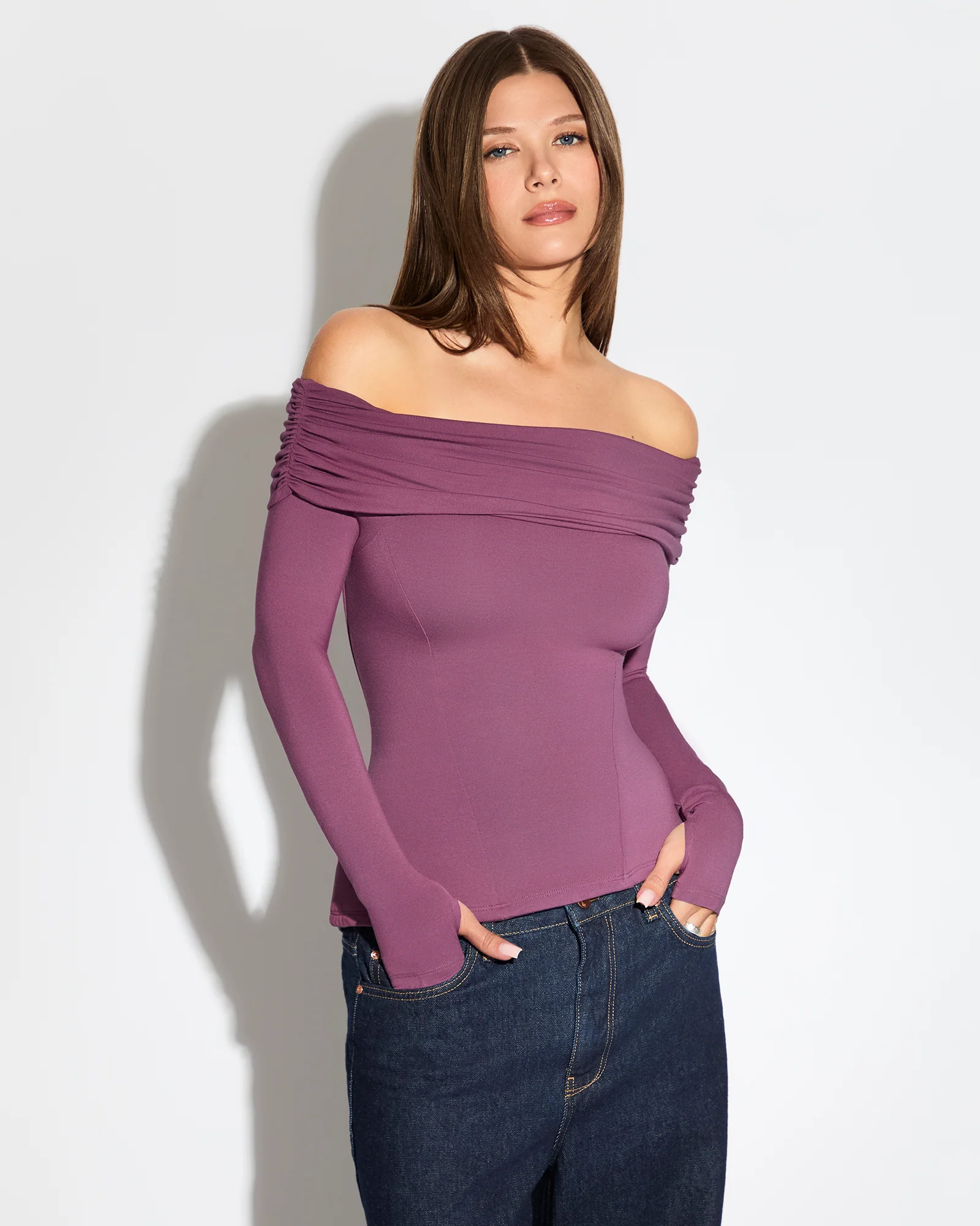 Shapey Off Shoulder Long Sleeve Top - Grape - Image 3
