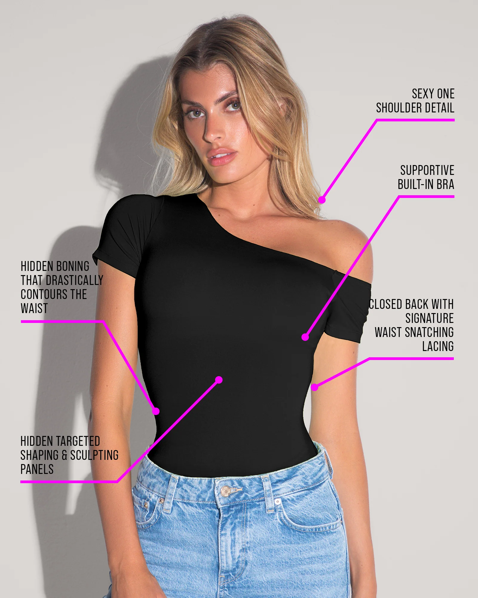 Shapey Short Sleeve One Shoulder Top - Black - Image 3