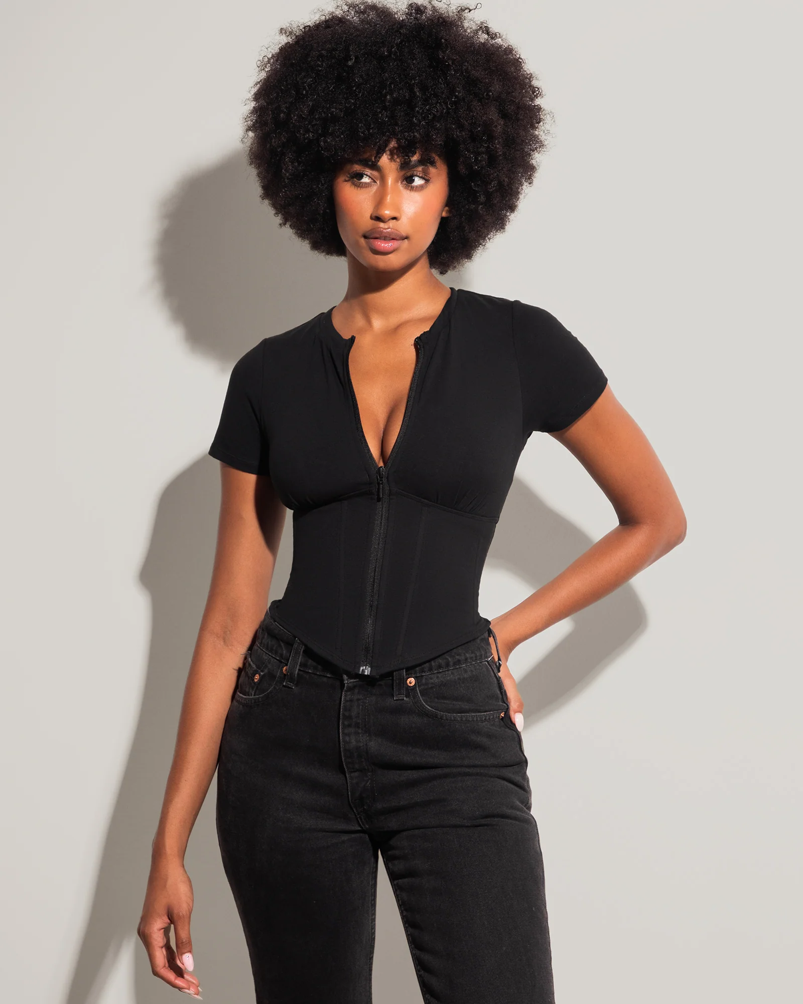 Short Sleeve Corsety Top - Black - Image 3
