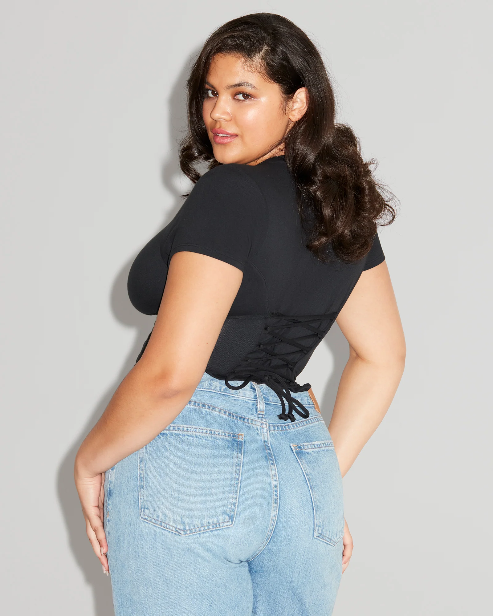 Short Sleeve Corsety Top - Black - Image 6