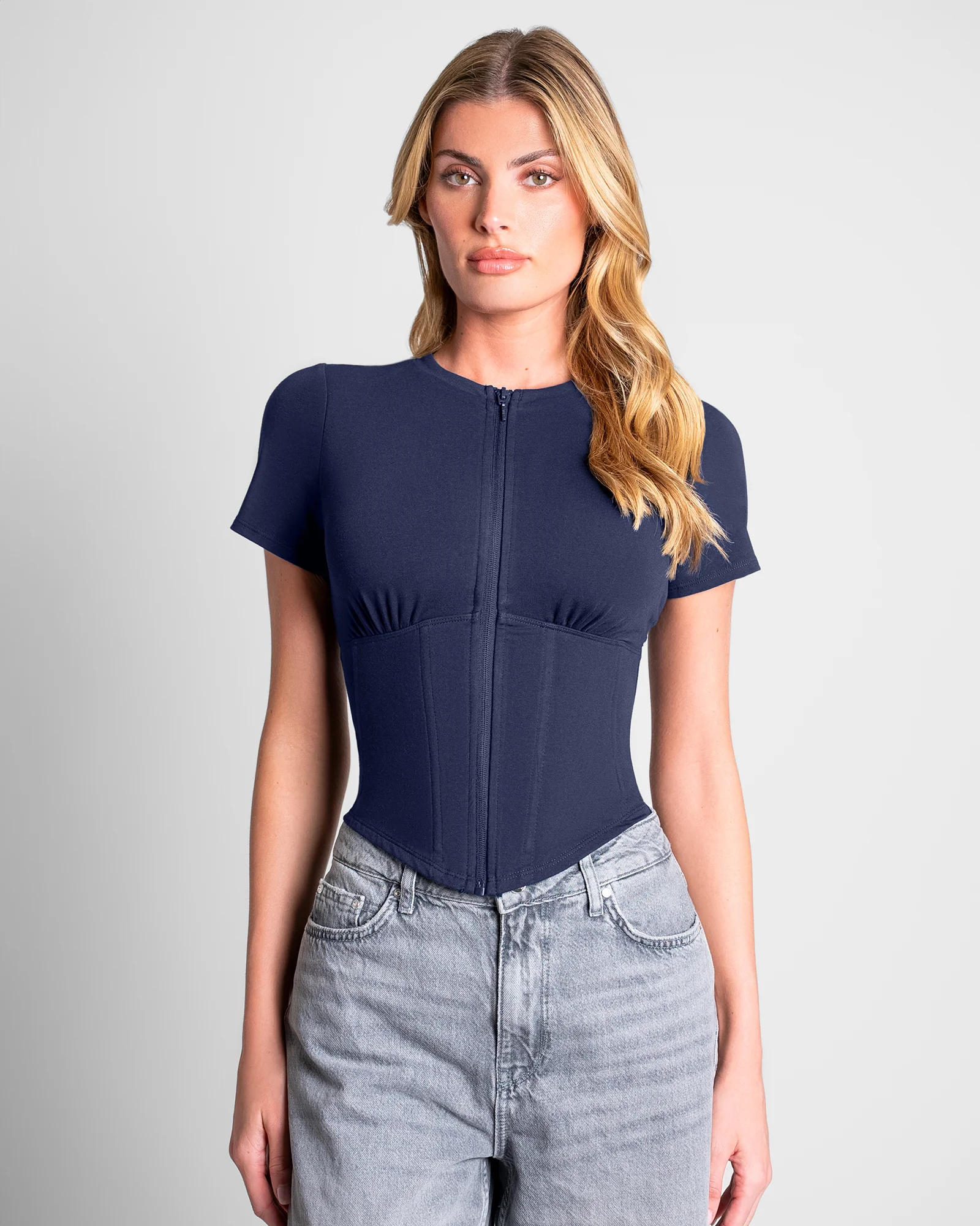 Short Sleeve Corsety Top - Midnight - Image 3